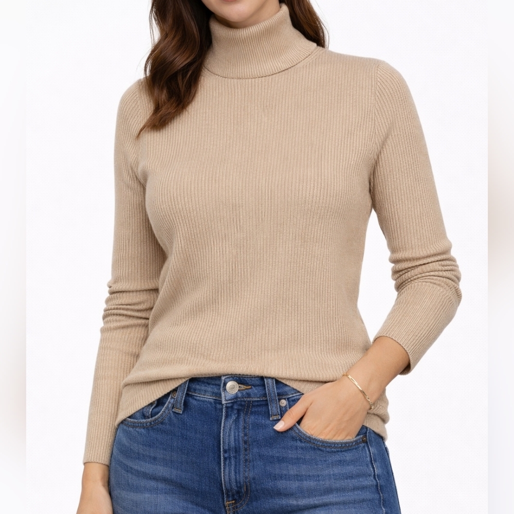 Perry Ellis Cotton Mock Neck Beige Turtleneck Sweater Large Cozy Long Sleeve L